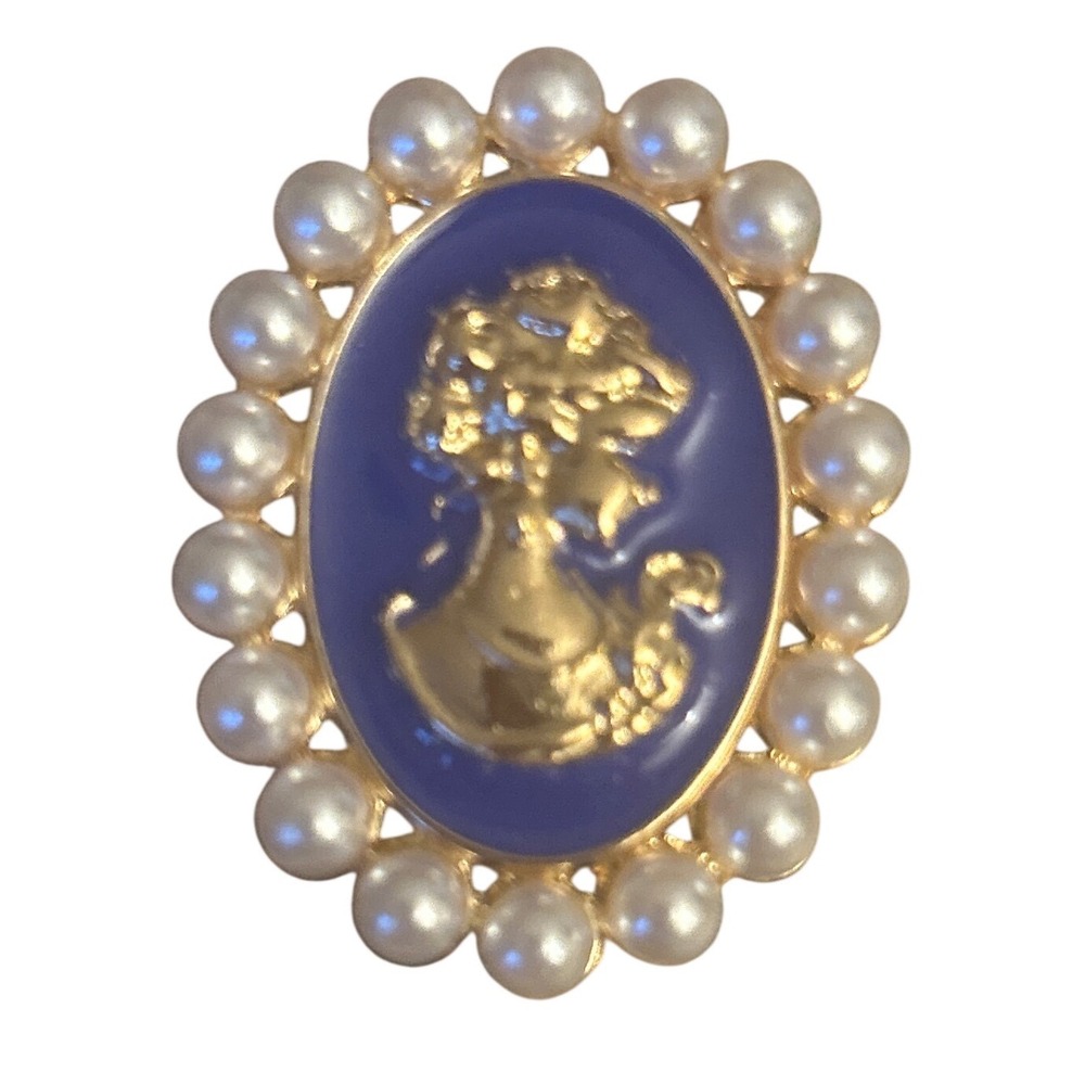 Vintage Style Gold Tone Purple Enamel Faux Pearl Cameo Brooch Pin Victorian Lady